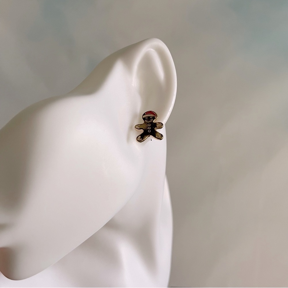 Gingerbread Man Christmas Holiday Gold Stud Earrings